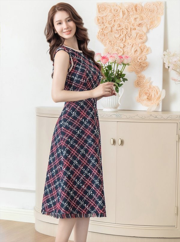 画像2: [送料無料][GINZA COUTURE]ネイビー・レッド・ベージュ・ツイード・フリンジ・パイピング・ノースリーブ・ハイウエスト・Aライン・ミディアムドレス・ワンピース[即日発送][大きいサイズあり] (2)