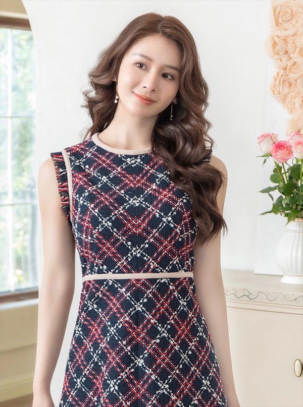 画像4: [送料無料][GINZA COUTURE]ネイビー・レッド・ベージュ・ツイード・フリンジ・パイピング・ノースリーブ・ハイウエスト・Aライン・ミディアムドレス・ワンピース[即日発送][大きいサイズあり] (4)