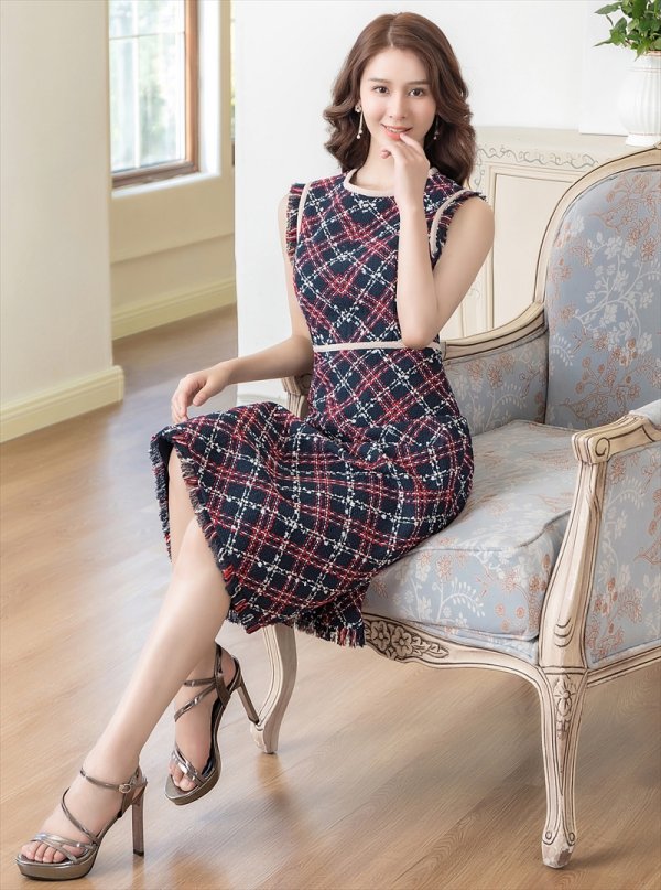 画像6: [送料無料][GINZA COUTURE]ネイビー・レッド・ベージュ・ツイード・フリンジ・パイピング・ノースリーブ・ハイウエスト・Aライン・ミディアムドレス・ワンピース[即日発送][大きいサイズあり] (6)