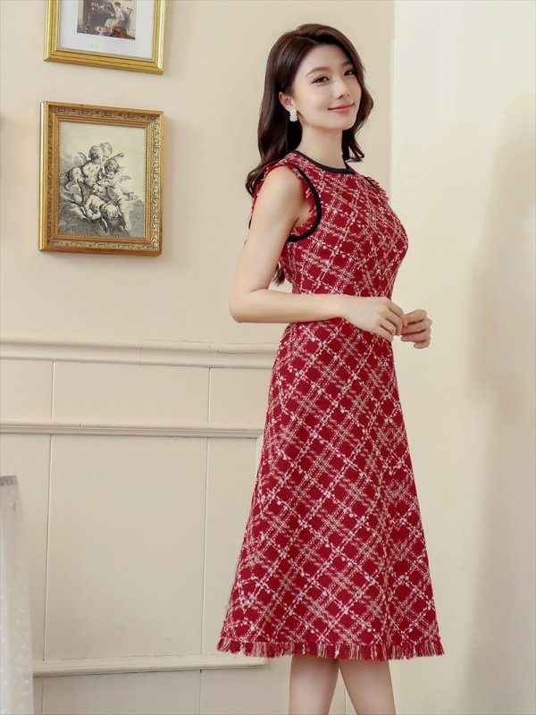 画像8: [送料無料][GINZA COUTURE]ネイビー・レッド・ベージュ・ツイード・フリンジ・パイピング・ノースリーブ・ハイウエスト・Aライン・ミディアムドレス・ワンピース[即日発送][大きいサイズあり] (8)