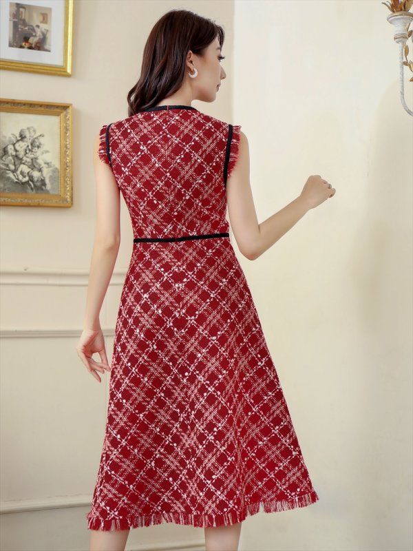 画像9: [送料無料][GINZA COUTURE]ネイビー・レッド・ベージュ・ツイード・フリンジ・パイピング・ノースリーブ・ハイウエスト・Aライン・ミディアムドレス・ワンピース[即日発送][大きいサイズあり] (9)