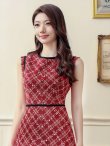 画像4: [送料無料][GINZA COUTURE]レッド・ベージュ・ネイビー・ツイード・フリンジ・パイピング・ノースリーブ・ハイウエスト・Aライン・ミディアムドレス・ワンピース[即日発送][大きいサイズあり] (4)