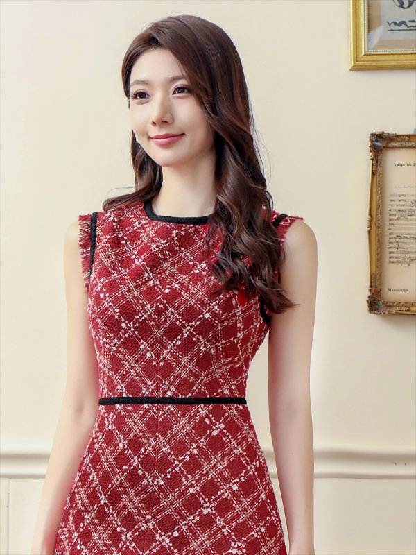 画像10: [送料無料][GINZA COUTURE]ネイビー・レッド・ベージュ・ツイード・フリンジ・パイピング・ノースリーブ・ハイウエスト・Aライン・ミディアムドレス・ワンピース[即日発送][大きいサイズあり] (10)