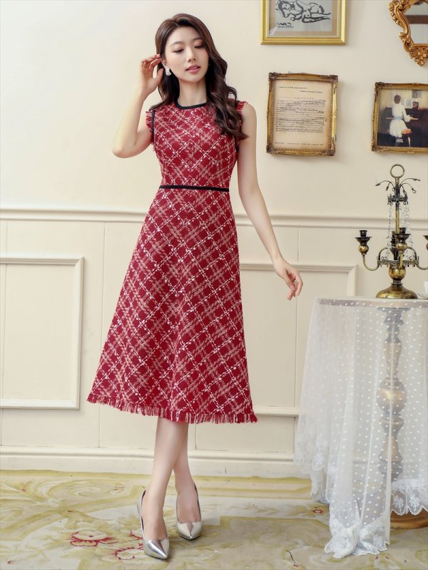 画像11: [送料無料][GINZA COUTURE]ネイビー・レッド・ベージュ・ツイード・フリンジ・パイピング・ノースリーブ・ハイウエスト・Aライン・ミディアムドレス・ワンピース[即日発送][大きいサイズあり] (11)