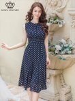 画像7: [送料無料][GINZA COUTURE]レッド・ネイビー・ブラック・ドット・ハイウエスト・ノースリーブ・Aライン・ミディアムドレス・ワンピース[即日発送][大きいサイズあり] (7)