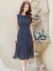 画像9: [送料無料][GINZA COUTURE]レッド・ネイビー・ブラック・ドット・ハイウエスト・ノースリーブ・Aライン・ミディアムドレス・ワンピース[即日発送][大きいサイズあり] (9)