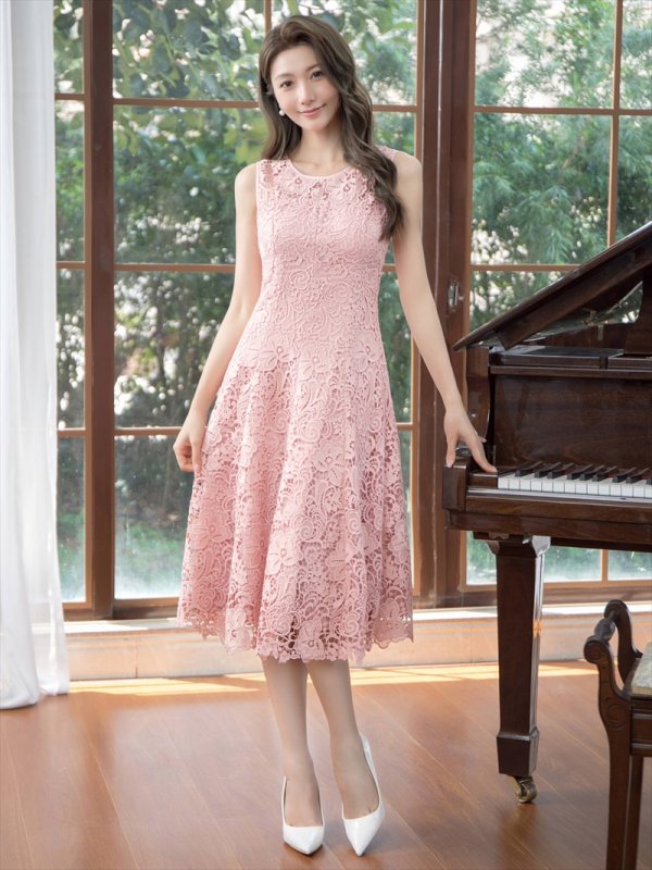 画像5: [送料無料][GINZA COUTURE]ピンク・ホワイト・総レース・フラワーレース・ノースリーブ・Aライン・ミディアムドレス・ワンピース[即日発送][大きいサイズあり] (5)