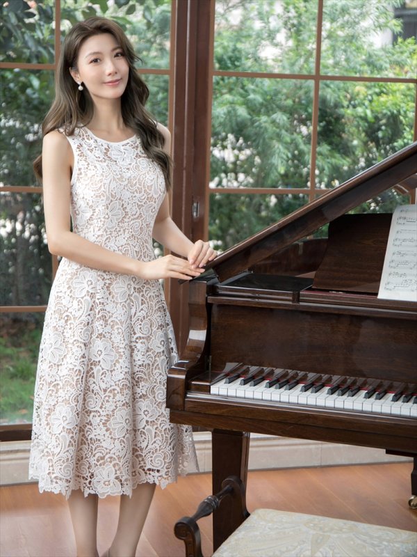 画像8: [送料無料][GINZA COUTURE]ピンク・ホワイト・総レース・フラワーレース・ノースリーブ・Aライン・ミディアムドレス・ワンピース[即日発送][大きいサイズあり] (8)