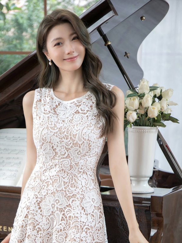 画像10: [送料無料][GINZA COUTURE]ピンク・ホワイト・総レース・フラワーレース・ノースリーブ・Aライン・ミディアムドレス・ワンピース[即日発送][大きいサイズあり] (10)