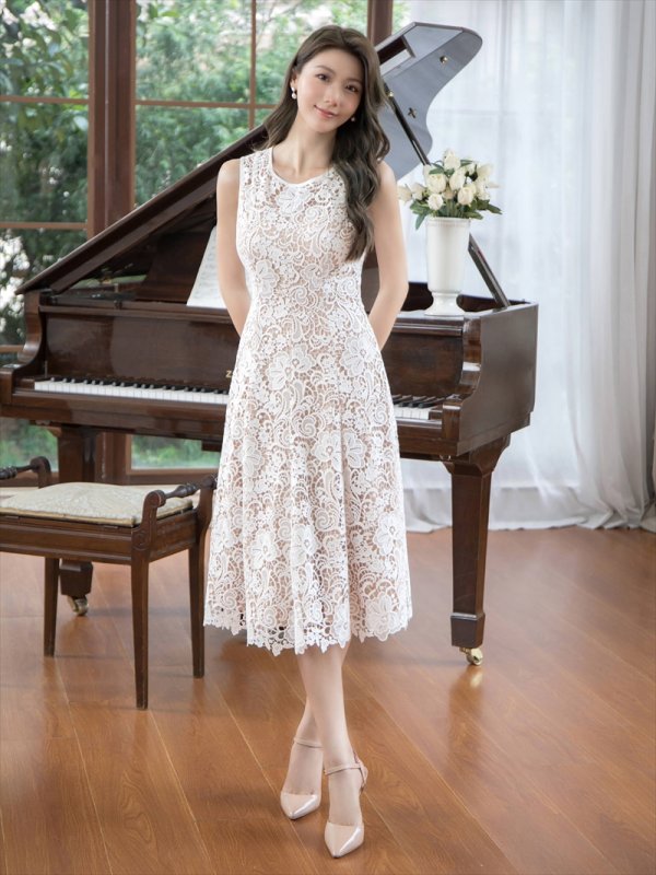 画像11: [送料無料][GINZA COUTURE]ピンク・ホワイト・総レース・フラワーレース・ノースリーブ・Aライン・ミディアムドレス・ワンピース[即日発送][大きいサイズあり] (11)