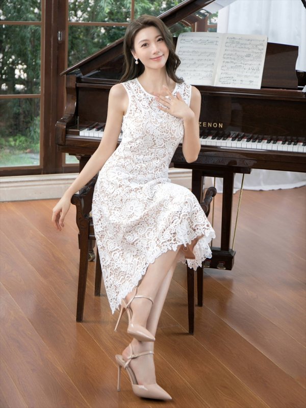 画像12: [送料無料][GINZA COUTURE]ピンク・ホワイト・総レース・フラワーレース・ノースリーブ・Aライン・ミディアムドレス・ワンピース[即日発送][大きいサイズあり] (12)