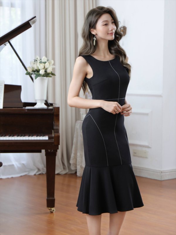 画像14: [送料無料][GINZA COUTURE]ネイビー・ホワイト・ブラック・ロイヤルブルー・ワインレッド・マーメイド・シンプル・ミディアムドレス・ワンピース[即日発送][大きいサイズあり] (14)