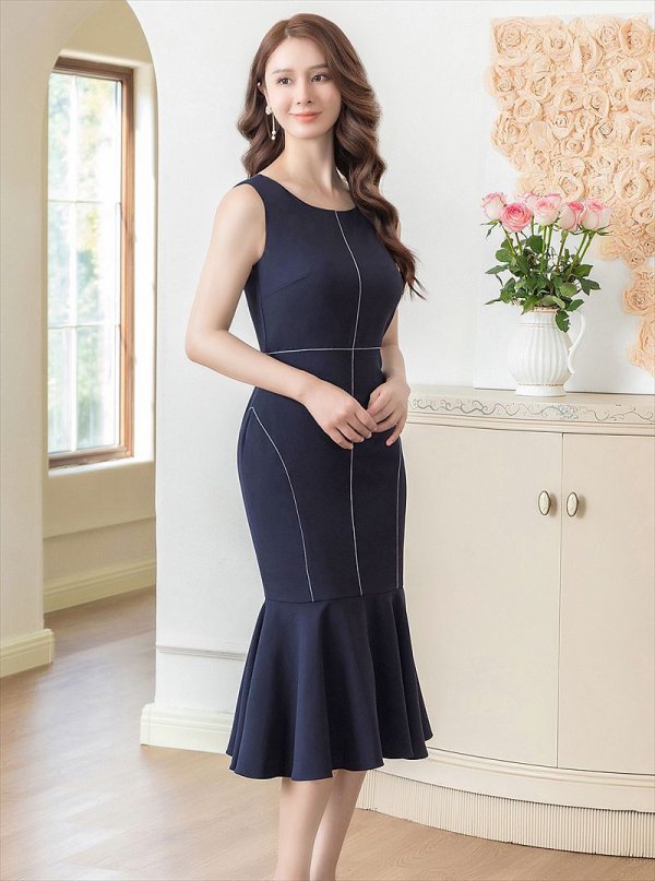 画像3: [送料無料][GINZA COUTURE]ネイビー・ホワイト・ブラック・ロイヤルブルー・ワインレッド・マーメイド・シンプル・ミディアムドレス・ワンピース[即日発送][大きいサイズあり] (3)