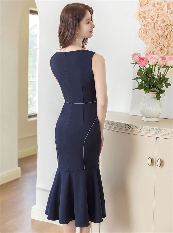 画像4: [送料無料][GINZA COUTURE]ネイビー・ホワイト・ブラック・ロイヤルブルー・ワインレッド・マーメイド・シンプル・ミディアムドレス・ワンピース[即日発送][大きいサイズあり] (4)