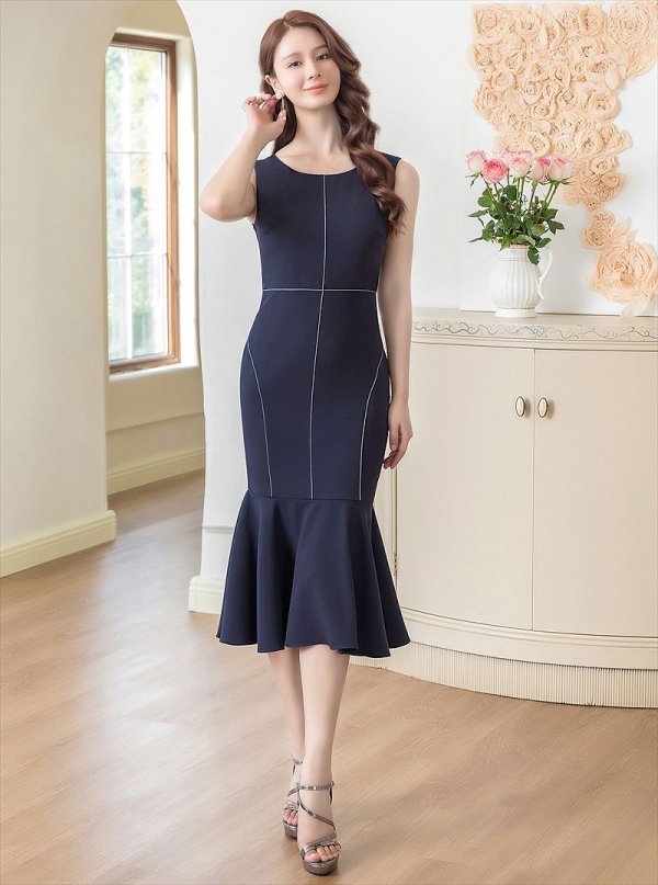 画像6: [送料無料][GINZA COUTURE]ネイビー・ホワイト・ブラック・ロイヤルブルー・ワインレッド・マーメイド・シンプル・ミディアムドレス・ワンピース[即日発送][大きいサイズあり] (6)