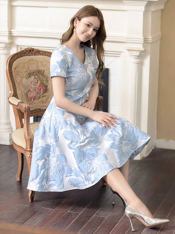 画像6: [送料無料][GINZA COUTURE]ブルー・ホワイト・イエロー・花柄・ジャガード・切り替え・Aライン・半袖・ミディアムドレス・ワンピース[即日発送][大きいサイズあり] (6)