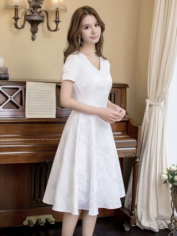 画像8: [送料無料][GINZA COUTURE]ブルー・ホワイト・イエロー・花柄・ジャガード・切り替え・Aライン・半袖・ミディアムドレス・ワンピース[即日発送][大きいサイズあり] (8)