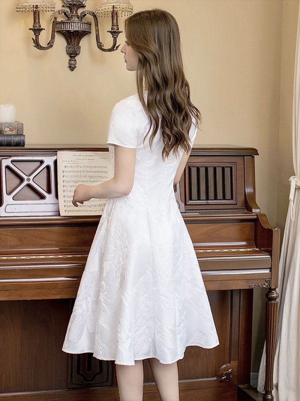 画像9: [送料無料][GINZA COUTURE]ブルー・ホワイト・イエロー・花柄・ジャガード・切り替え・Aライン・半袖・ミディアムドレス・ワンピース[即日発送][大きいサイズあり] (9)