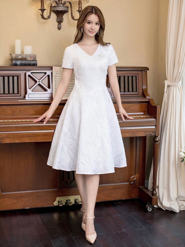 画像12: [送料無料][GINZA COUTURE]ブルー・ホワイト・イエロー・花柄・ジャガード・切り替え・Aライン・半袖・ミディアムドレス・ワンピース[即日発送][大きいサイズあり] (12)