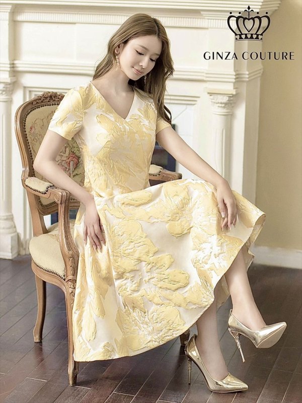 画像1: [送料無料][GINZA COUTURE]イエロー・ホワイト・ブルー・花柄・ジャガード・切り替え・Aライン・半袖・ミディアムドレス・ワンピース[即日発送][大きいサイズあり] (1)