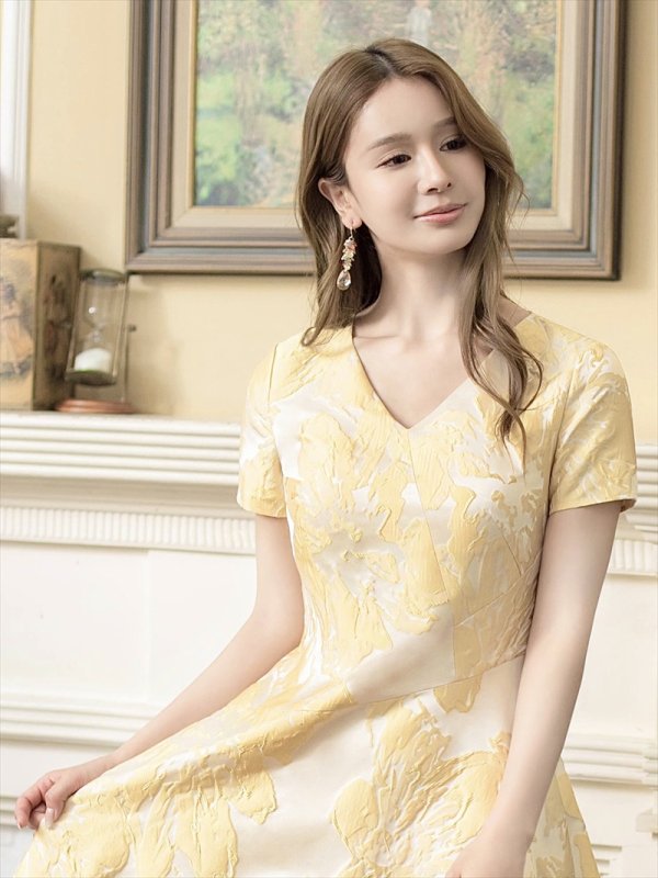 画像17: [送料無料][GINZA COUTURE]ブルー・ホワイト・イエロー・花柄・ジャガード・切り替え・Aライン・半袖・ミディアムドレス・ワンピース[即日発送][大きいサイズあり] (17)