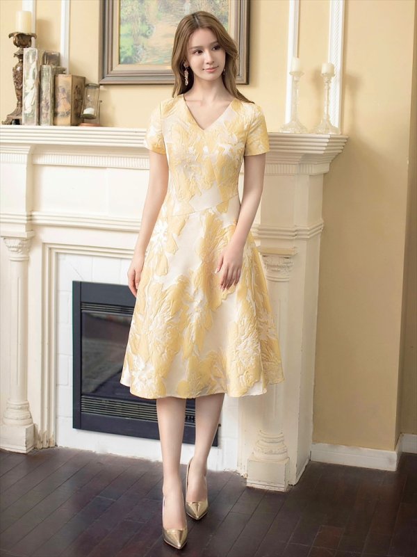 画像18: [送料無料][GINZA COUTURE]ブルー・ホワイト・イエロー・花柄・ジャガード・切り替え・Aライン・半袖・ミディアムドレス・ワンピース[即日発送][大きいサイズあり] (18)