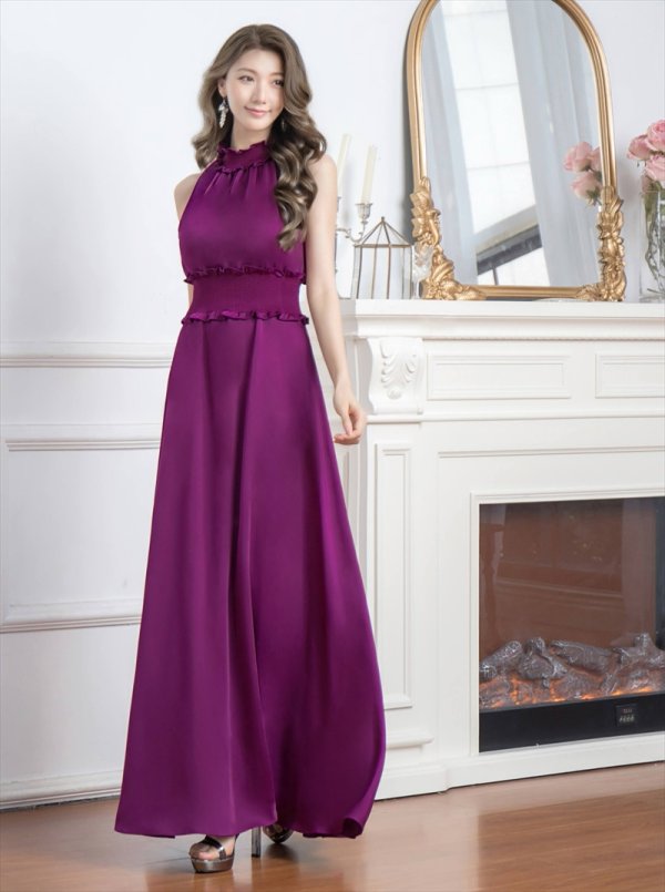 画像9: [送料無料][GINZA COUTURE]レッド・ラベンダー・パープル・ロイヤルブルー・ブルー・ピンク・ホワイト・ワインレッド・イエロー・首元フリル・シンプル・ウエストマーク・マキシ・アメリカンスリーブ・Aライン・ロングドレス [即日発送][大きいサイズあり] (9)