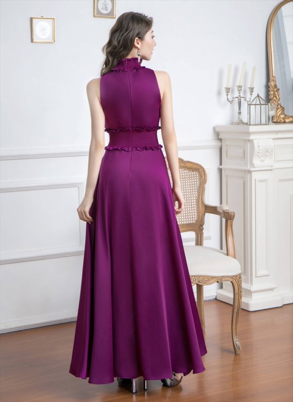 画像15: [送料無料][GINZA COUTURE]ブルー・ピンク・レッド・ラベンダー・パープル・ロイヤルブルー・ホワイト・ワインレッド・首元フリル・シンプル・ウエストマーク・マキシ・ノースリーブ・Aライン・ロングドレス [即日発送][大きいサイズあり] (15)