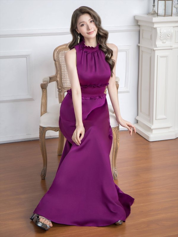 画像5: [送料無料][GINZA COUTURE]パープル・ロイヤルブルー・ブルー・ピンク・レッド・ラベンダー・ホワイト・ワインレッド・イエロー・サテン・首元フリル・シンプル・ウエストマーク・マキシ・アメリカンスリーブ・Aライン・ロングドレス[即日発送][大きいサイズあり] (5)