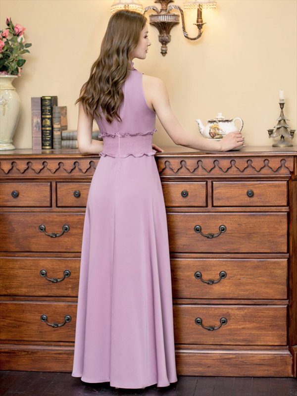 画像3: [送料無料][GINZA COUTURE]ラベンダー・パープル・ロイヤルブルー・ブルー・ピンク・レッド・ホワイト・ワインレッド・イエロー・首元フリル・シンプル・ウエストマーク・マキシ・アメリカンスリーブ・Aライン・ロングドレス [即日発送][大きいサイズあり] (3)