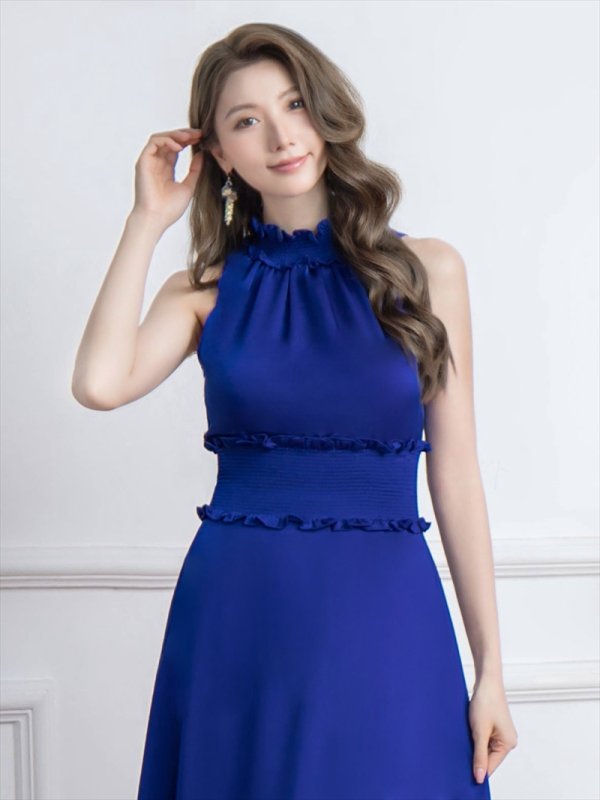 画像9: [送料無料][GINZA COUTURE]ホワイト・ロイヤルブルー・ブルー・ピンク・レッド・ラベンダー・パープル・ワインレッド・イエロー・首元フリル・シンプル・ウエストマーク・マキシ・アメリカンスリーブ・Aライン・ロングドレス[即日発送][大きいサイズあり] (9)