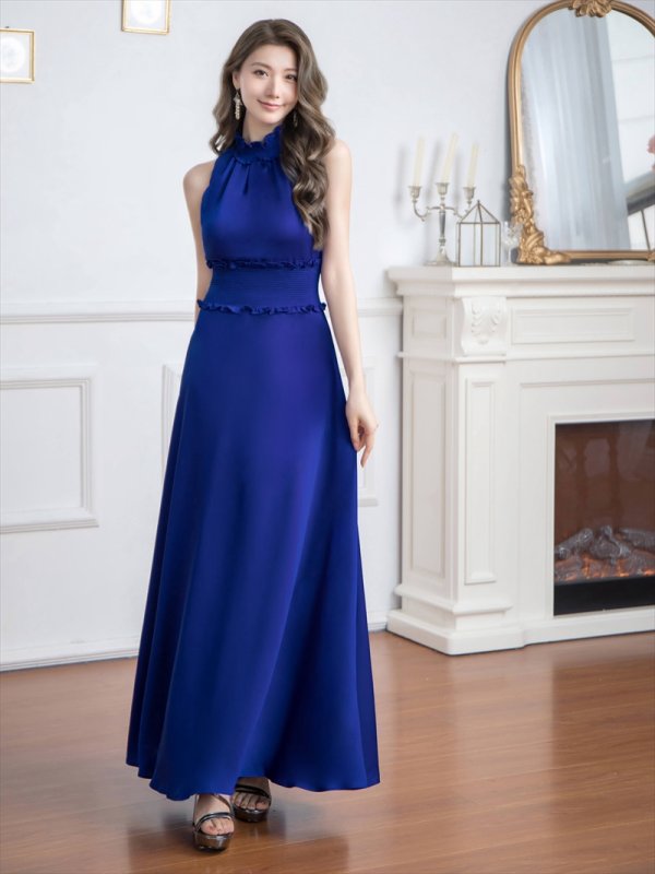 画像4: [送料無料][GINZA COUTURE]ロイヤルブルー・ブルー・ピンク・レッド・ラベンダー・パープル・ホワイト・ワインレッド・イエロー・首元フリル・シンプル・ウエストマーク・マキシ・アメリカンスリーブ・Aライン・ロングドレス[即日発送][大きいサイズあり] (4)