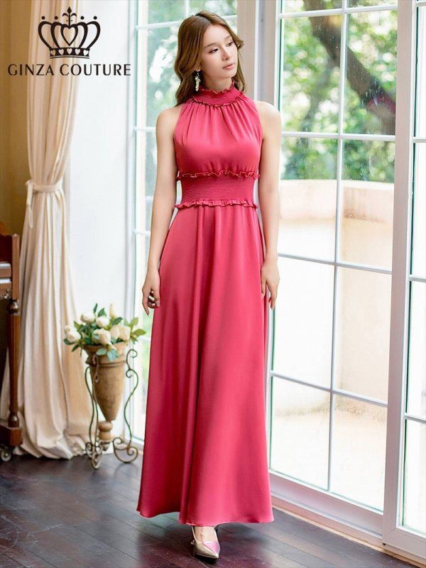 画像1: [送料無料][GINZA COUTURE]レッド・ラベンダー・パープル・ロイヤルブルー・ブルー・ピンク・ホワイト・ワインレッド・首元フリル・シンプル・ウエストマーク・マキシ・ノースリーブ・Aライン・ロングドレス [即日発送][大きいサイズあり] (1)