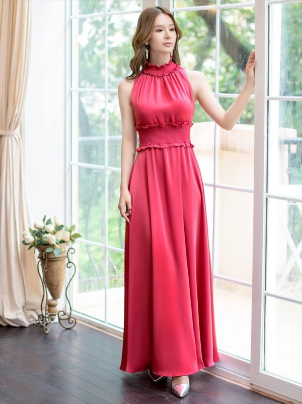 画像2: [送料無料][GINZA COUTURE]レッド・ラベンダー・パープル・ロイヤルブルー・ブルー・ピンク・ホワイト・ワインレッド・イエロー・首元フリル・シンプル・ウエストマーク・マキシ・アメリカンスリーブ・Aライン・ロングドレス [即日発送][大きいサイズあり] (2)