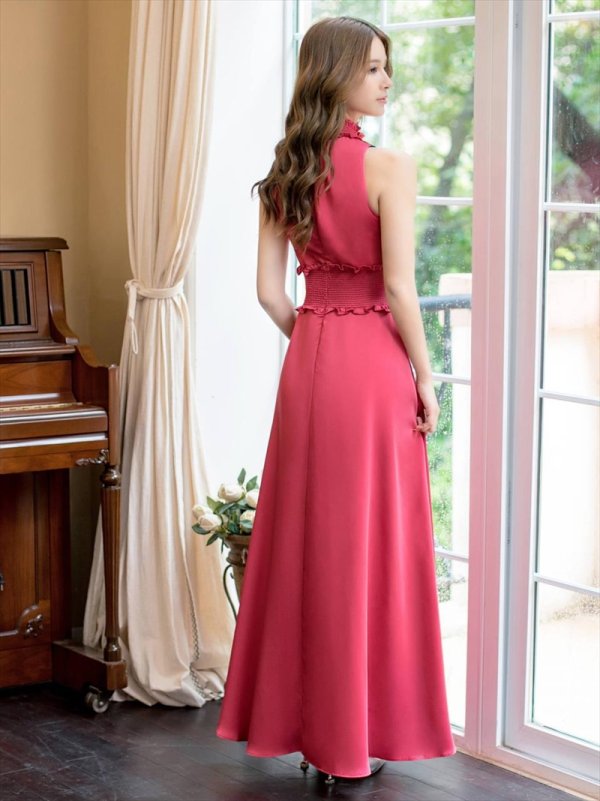 画像3: [送料無料][GINZA COUTURE]レッド・ラベンダー・パープル・ロイヤルブルー・ブルー・ピンク・ホワイト・ワインレッド・イエロー・首元フリル・シンプル・ウエストマーク・マキシ・アメリカンスリーブ・Aライン・ロングドレス [即日発送][大きいサイズあり] (3)