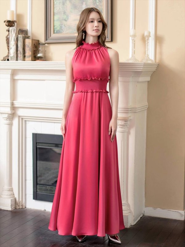 画像4: [送料無料][GINZA COUTURE]レッド・ラベンダー・パープル・ロイヤルブルー・ブルー・ピンク・ホワイト・ワインレッド・イエロー・首元フリル・シンプル・ウエストマーク・マキシ・アメリカンスリーブ・Aライン・ロングドレス [即日発送][大きいサイズあり] (4)