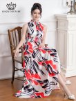 画像7: [送料無料][GINZA COUTURE]イエロー×ブラック・レッド×ブラック・ペイント柄・首元フリル・シンプル・ウエストマーク・マキシ・ノースリーブ・Aライン・ロングドレス[即日発送][大きいサイズあり] (7)