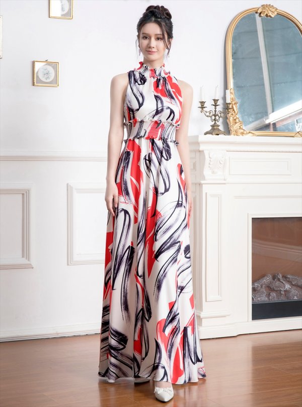 画像2: [送料無料][GINZA COUTURE]レッド×ブラック・イエロー×ブラック・ペイント柄・サテン・首元フリル・シンプル・ウエストマーク・マキシ・アメリカンスリーブ・Aライン・ロングドレス[即日発送][大きいサイズあり] (2)