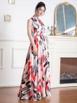 画像9: [送料無料][GINZA COUTURE]イエロー×ブラック・レッド×ブラック・ペイント柄・首元フリル・シンプル・ウエストマーク・マキシ・ノースリーブ・Aライン・ロングドレス[即日発送][大きいサイズあり] (9)