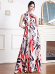 画像12: [送料無料][GINZA COUTURE]イエロー×ブラック・レッド×ブラック・ペイント柄・首元フリル・シンプル・ウエストマーク・マキシ・ノースリーブ・Aライン・ロングドレス[即日発送][大きいサイズあり] (12)