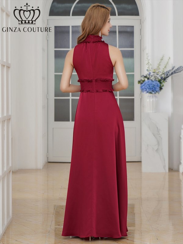 画像3: [送料無料][GINZA COUTURE]ワインレッド・レッド・ピンク・ラベンダー・パープル・ロイヤルブルー・ブルー・イエロー・ホワイト・首元フリル・シンプル・ウエストマーク・マキシ・アメリカンスリーブ・Aライン・ロングドレス[即日発送][大きいサイズあり] (3)