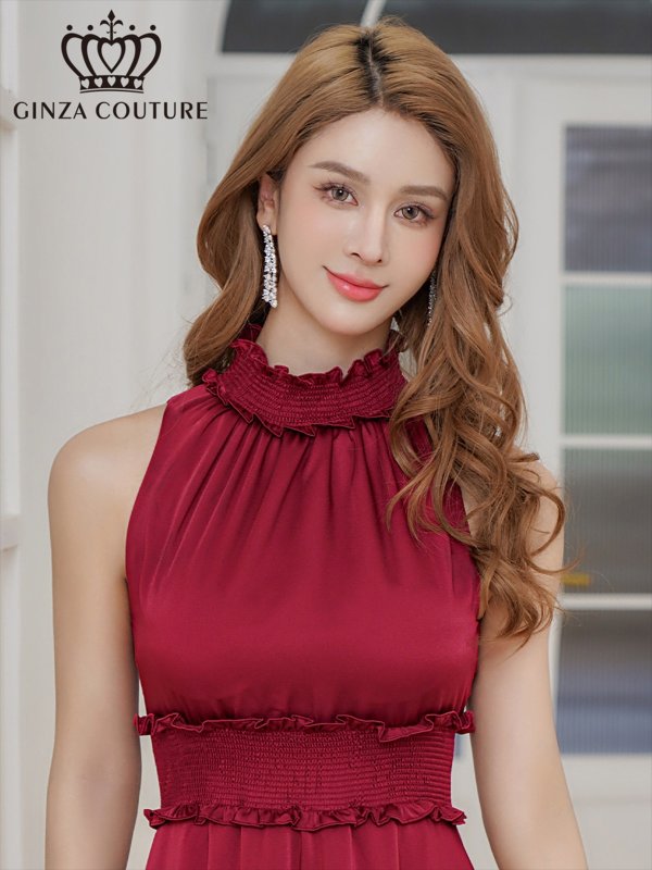 画像4: [送料無料][GINZA COUTURE]ワインレッド・レッド・ピンク・ラベンダー・パープル・ロイヤルブルー・ブルー・イエロー・ホワイト・首元フリル・シンプル・ウエストマーク・マキシ・アメリカンスリーブ・Aライン・ロングドレス[即日発送][大きいサイズあり] (4)