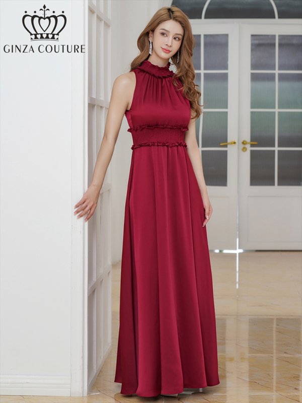 画像5: [送料無料][GINZA COUTURE]ワインレッド・レッド・ピンク・ラベンダー・パープル・ロイヤルブルー・ブルー・イエロー・ホワイト・首元フリル・シンプル・ウエストマーク・マキシ・アメリカンスリーブ・Aライン・ロングドレス[即日発送][大きいサイズあり] (5)