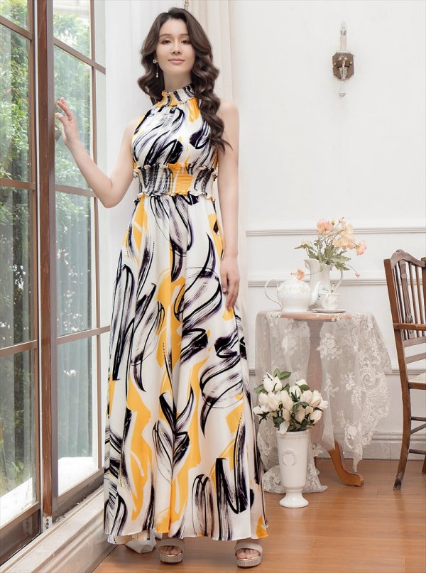 画像8: [送料無料][GINZA COUTURE]レッド×ブラック・イエロー×ブラック・ペイント柄・サテン・首元フリル・シンプル・ウエストマーク・マキシ・アメリカンスリーブ・Aライン・ロングドレス[即日発送][大きいサイズあり] (8)