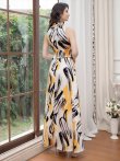 画像3: [送料無料][GINZA COUTURE]イエロー×ブラック・レッド×ブラック・ペイント柄・首元フリル・シンプル・ウエストマーク・マキシ・ノースリーブ・Aライン・ロングドレス[即日発送][大きいサイズあり] (3)