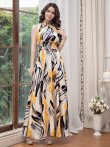 画像5: [送料無料][GINZA COUTURE]イエロー×ブラック・レッド×ブラック・ペイント柄・首元フリル・シンプル・ウエストマーク・マキシ・ノースリーブ・Aライン・ロングドレス[即日発送][大きいサイズあり] (5)