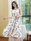 画像4: [送料無料][GINZA COUTURE]ブルー・ピンク・イエロー・花柄・ハイウエスト・ノースリーブ・Aライン・フレア・ミディアムドレス・ワンピース[即日発送][大きいサイズあり] (4)