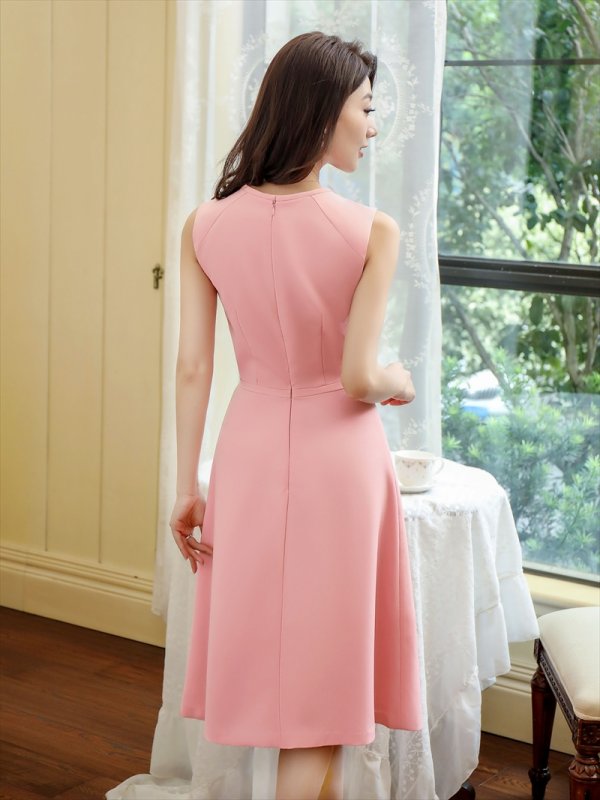 画像9: [送料無料][GINZA COUTURE]グリーン・ピンク・シンプル・無地・縦フリル・ノースリーブ・Aライン・フレア・ミディアムドレス・ワンピース[即日発送][大きいサイズあり] (9)