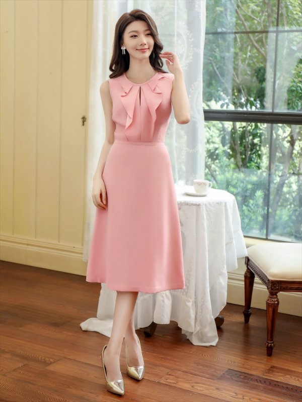 画像12: [送料無料][GINZA COUTURE]グリーン・ピンク・シンプル・無地・縦フリル・ノースリーブ・Aライン・フレア・ミディアムドレス・ワンピース[即日発送][大きいサイズあり] (12)