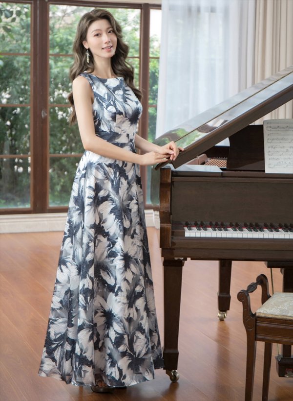 画像8: [送料無料][GINZA COUTURE]ブラウン・ブラック・ピンク・ノースリーブ・花柄・大人カラー・ハイウエスト・Aライン・ノースリーブ・ロングドレス[即日発送][大きいサイズあり] (8)